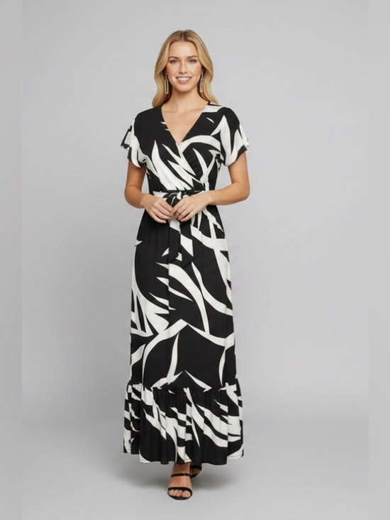 Mandalay and Co. Dresses & Skirts - Black & White Crossover Top Floral Long Dress With Tie Belt